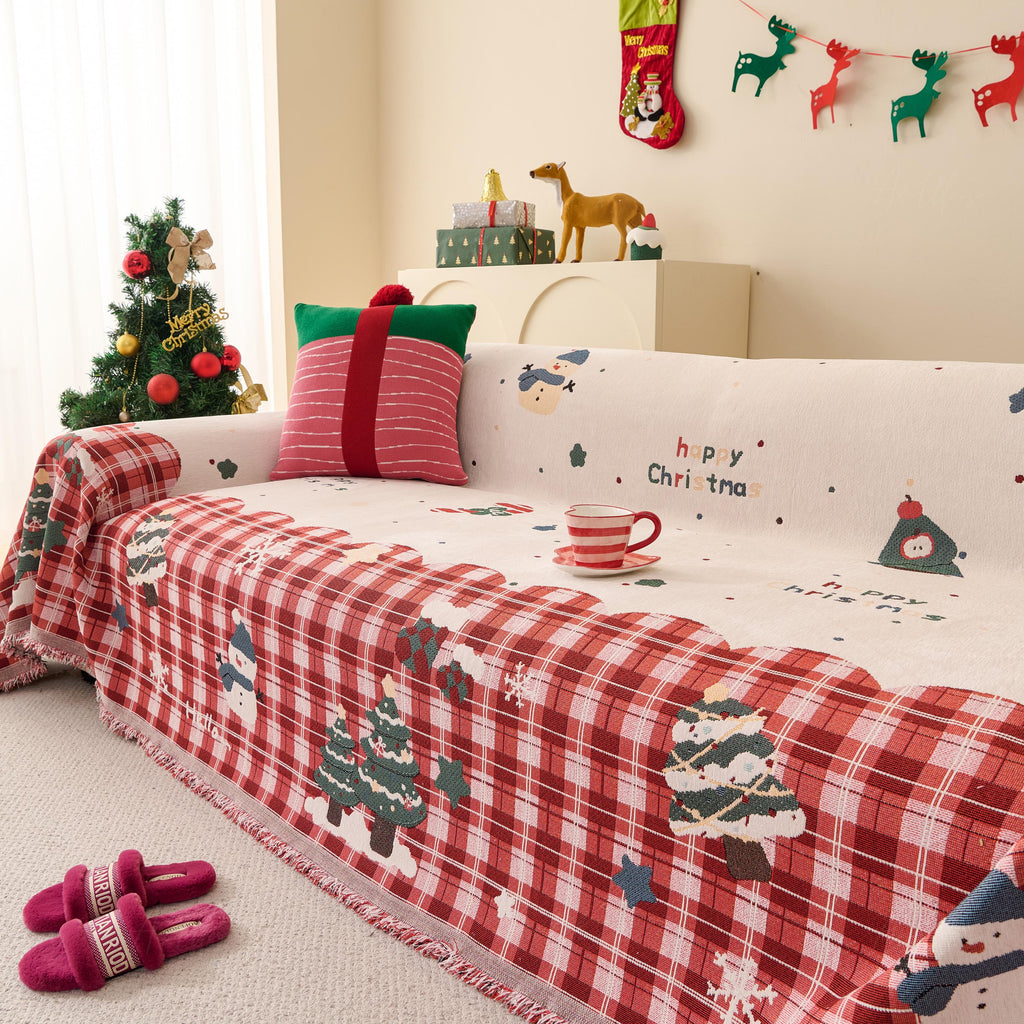 Reversible Christmas Chenille Throw Blanket | Holiday Plaid Sofa Cover