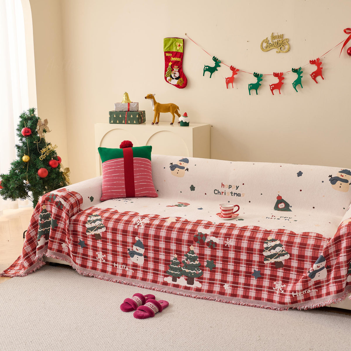 Reversible Christmas Chenille Throw Blanket | Holiday Plaid Sofa Cover