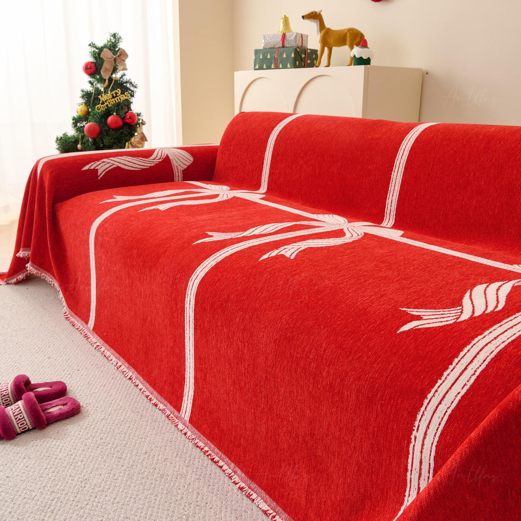 Reversible Chenille Christmas Throw | Red Bowknot Sofa Cover