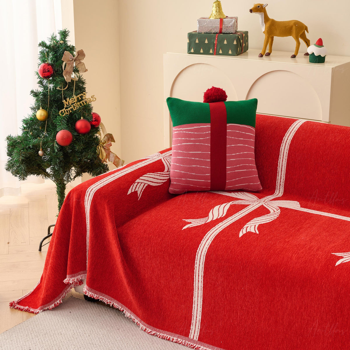 Reversible Chenille Christmas Throw | Red Bowknot Sofa Cover