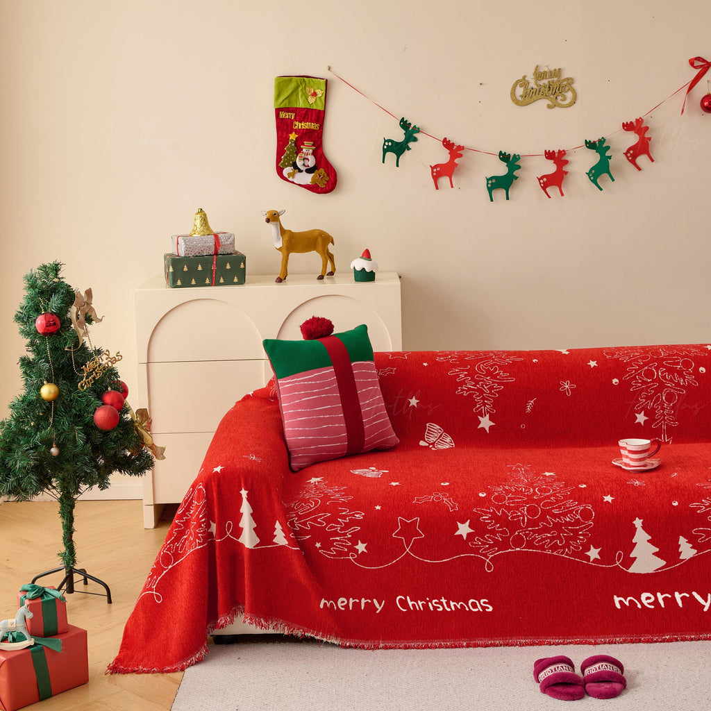 Reversible Chenille Christmas Throw Blanket | Red & White Sofa Cover
