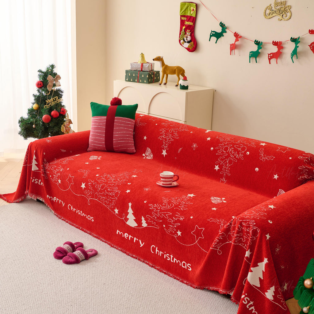 Reversible Chenille Christmas Throw Blanket | Red & White Sofa Cover
