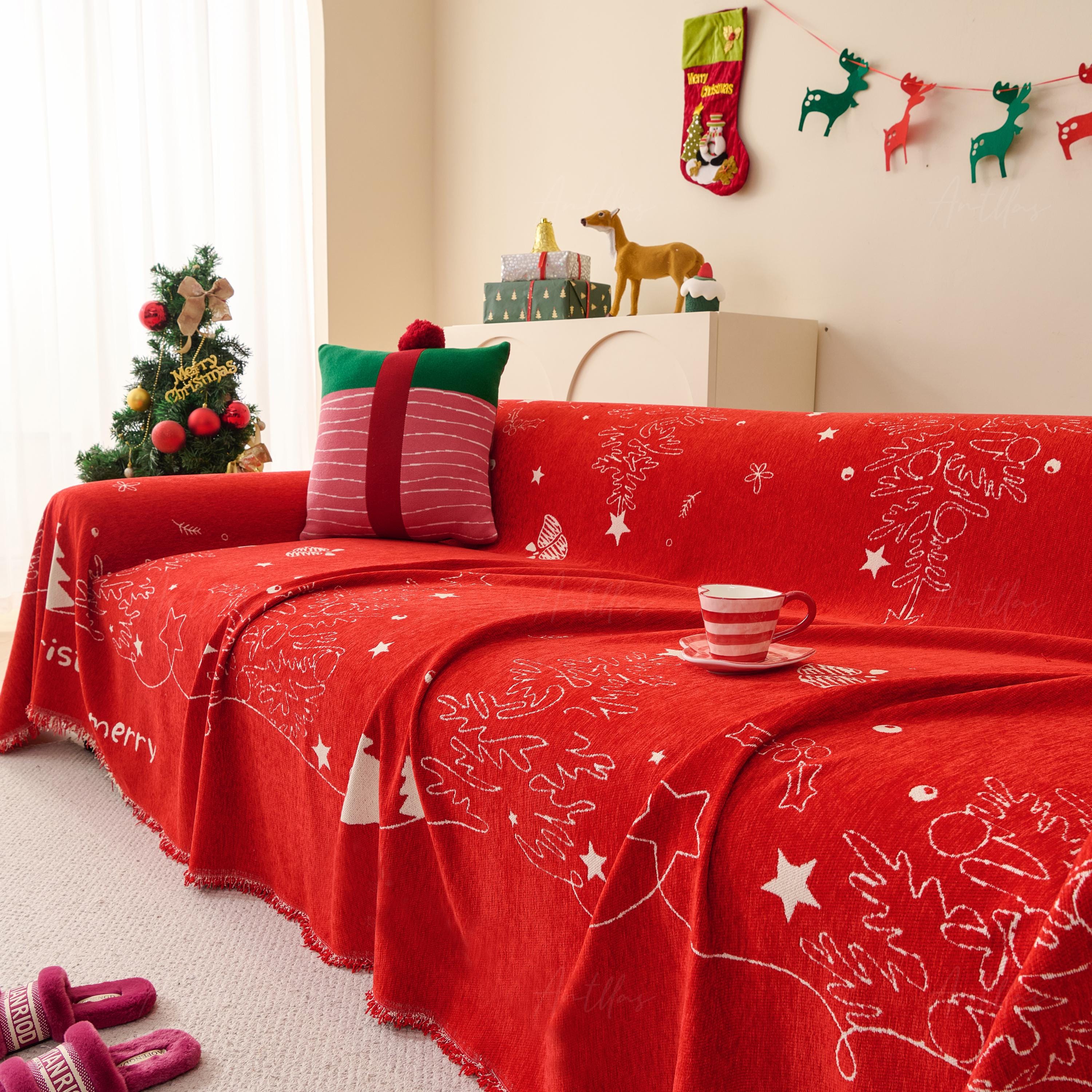 Reversible Chenille Christmas Throw Blanket | Red & White Sofa Cover