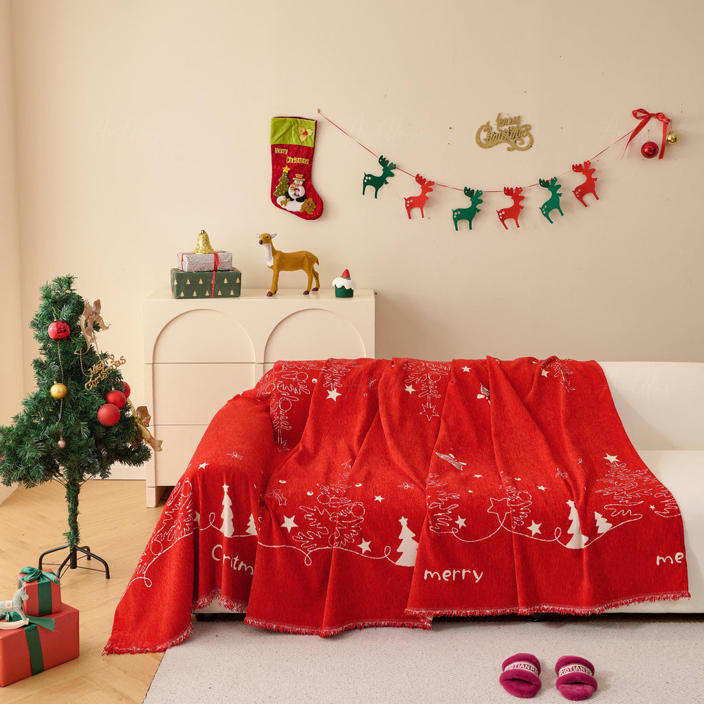 Reversible Chenille Christmas Throw Blanket | Red & White Sofa Cover