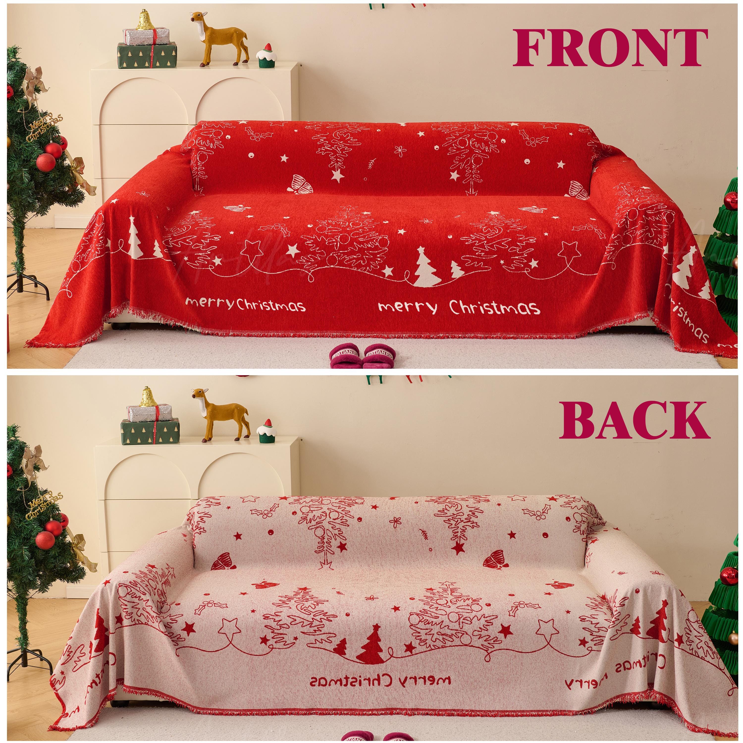 Reversible Chenille Christmas Throw Blanket | Red & White Sofa Cover