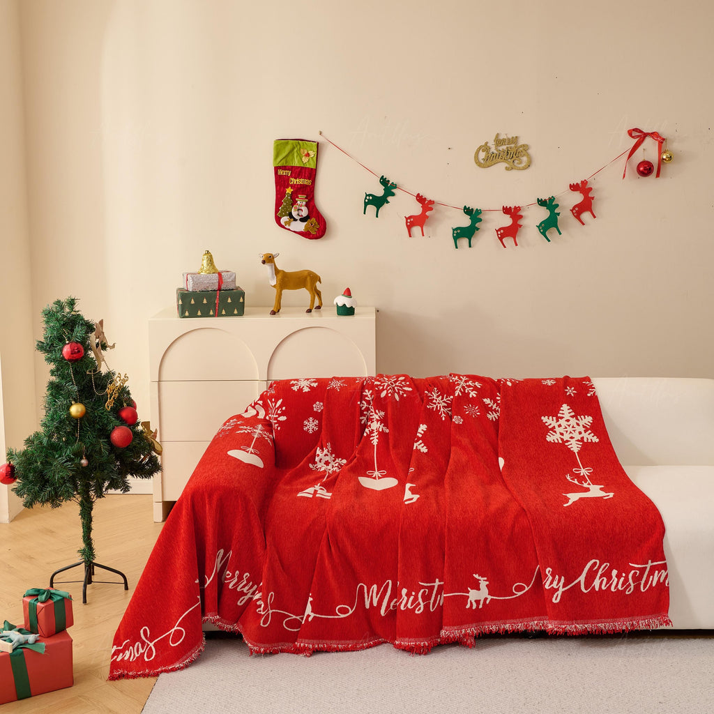 Oversized Chenille Christmas Sofa Cover | Reversible Red Snowflake & Reindeer Throw | Festive Holiday Furniture Protector