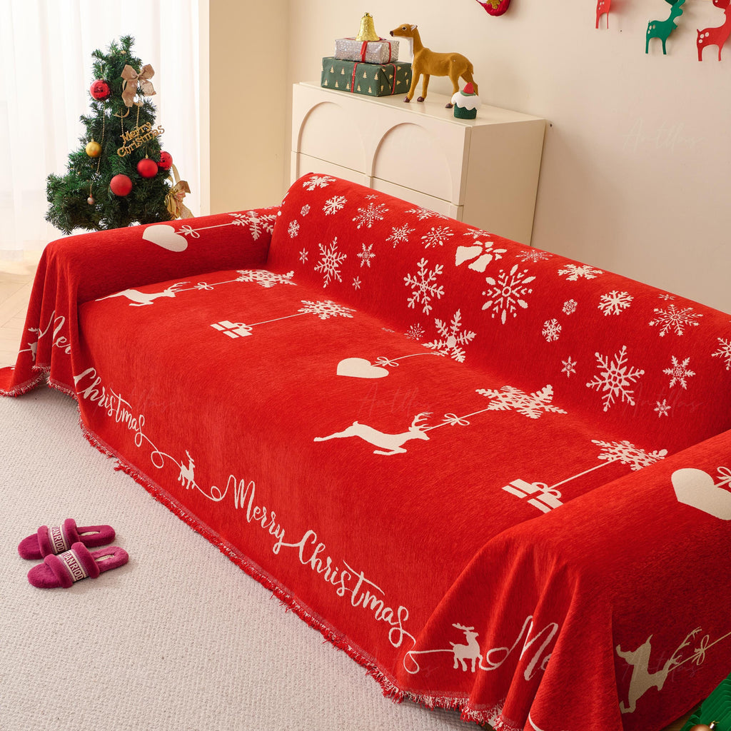 Oversized Chenille Christmas Sofa Cover | Reversible Red Snowflake & Reindeer Throw | Festive Holiday Furniture Protector