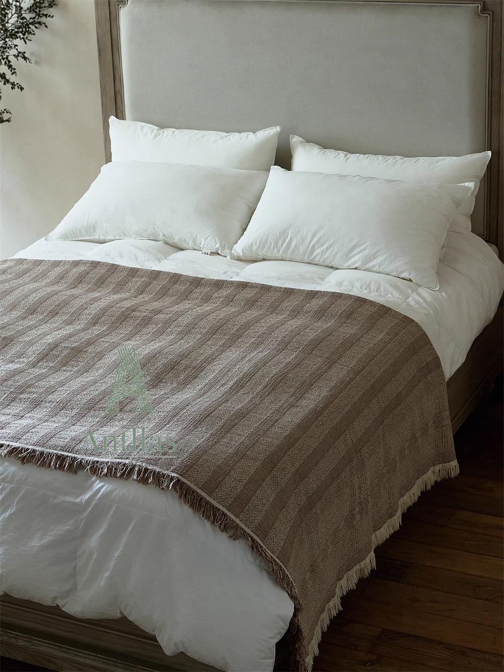 Oversized Linen Cotton Bed Throw: Jacquard Woven Frayed Blanket (245x250cm)