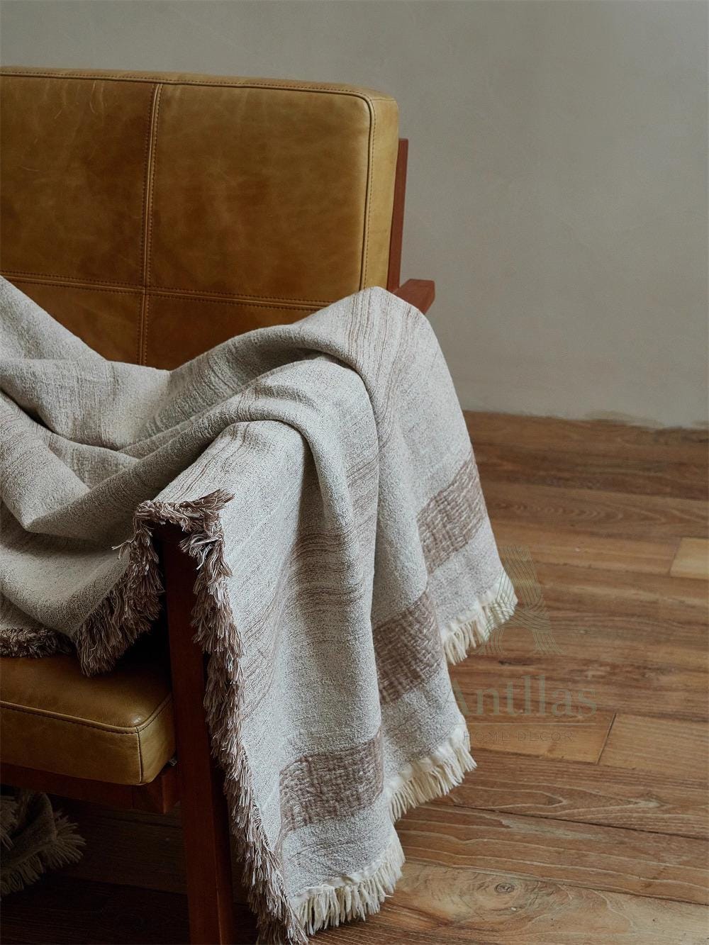 Oversized Linen Cotton Bed Throw: Jacquard Woven Frayed Blanket (245x250cm)