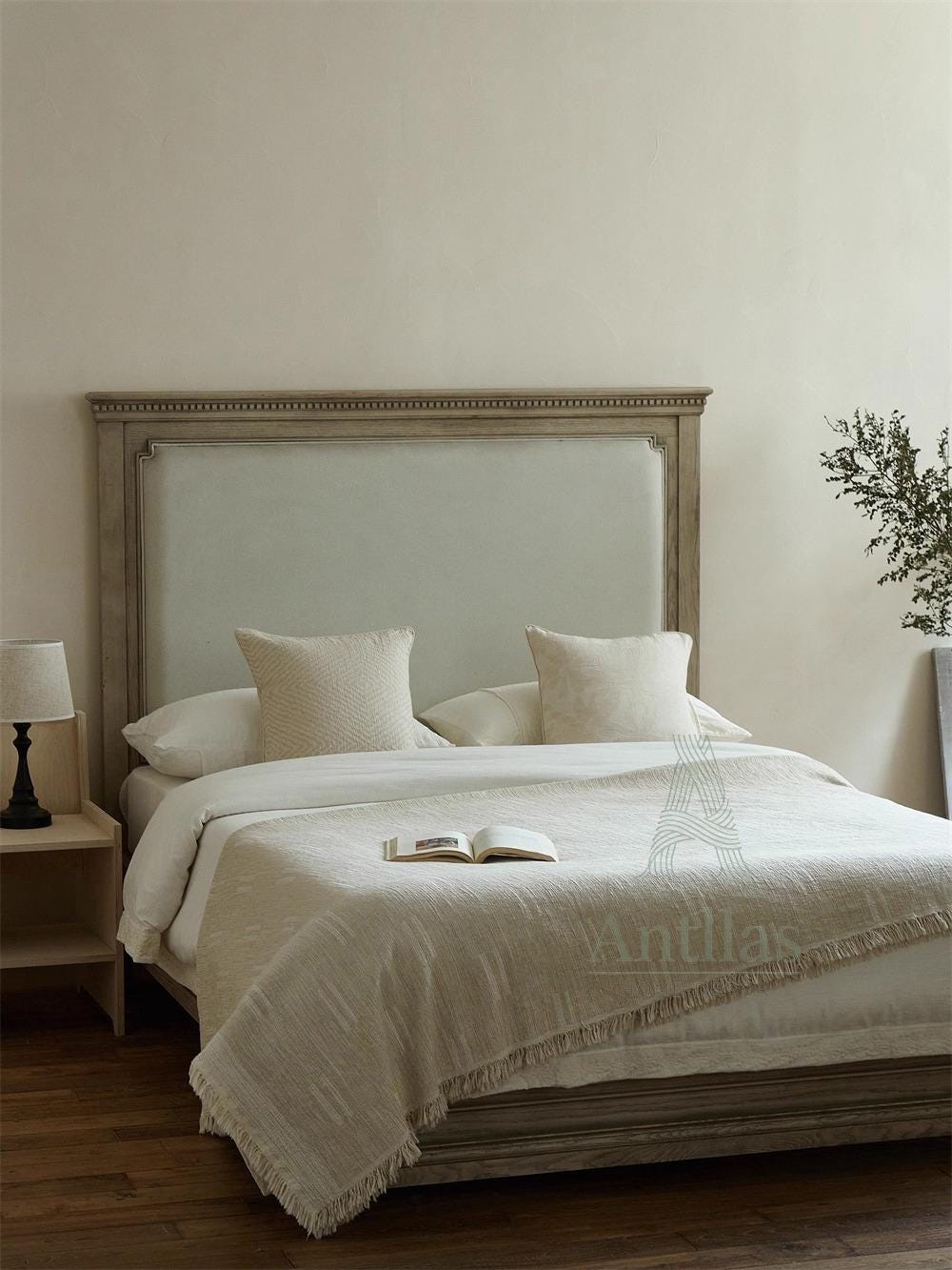 Clean White Oversized Linen Cotton Bedspread: Natural Cream Jacquard Woven Throw (96x98")