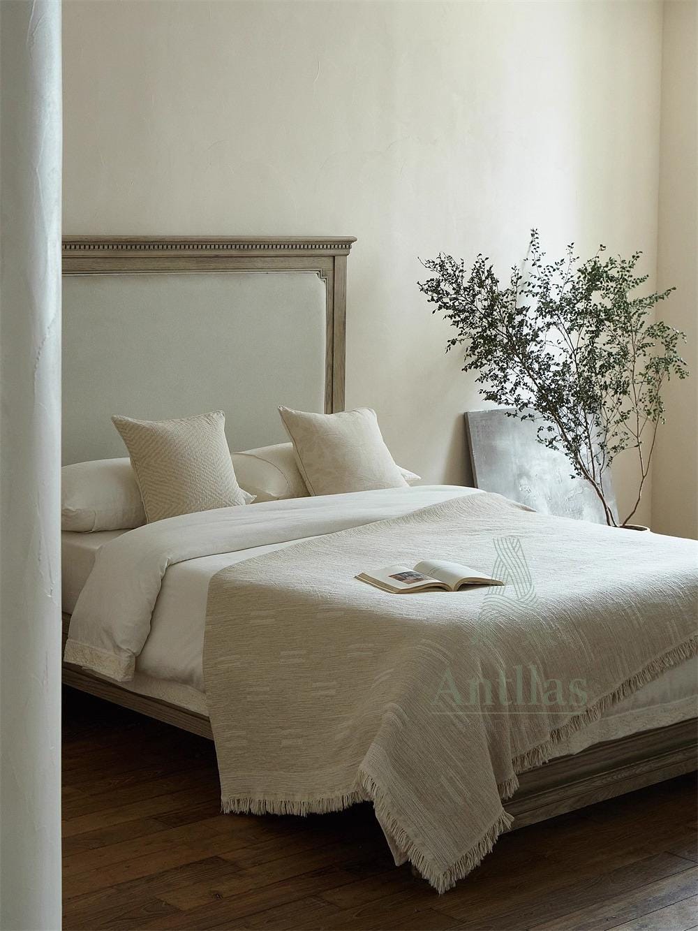 Clean White Oversized Linen Cotton Bedspread: Natural Cream Jacquard Woven Throw (96x98")