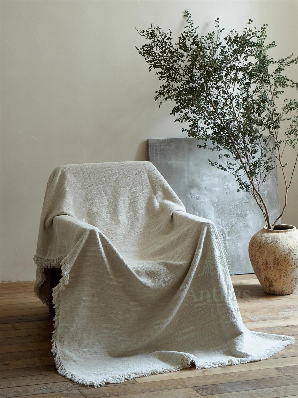 Clean White Oversized Linen Cotton Bedspread: Natural Cream Jacquard Woven Throw (96x98")