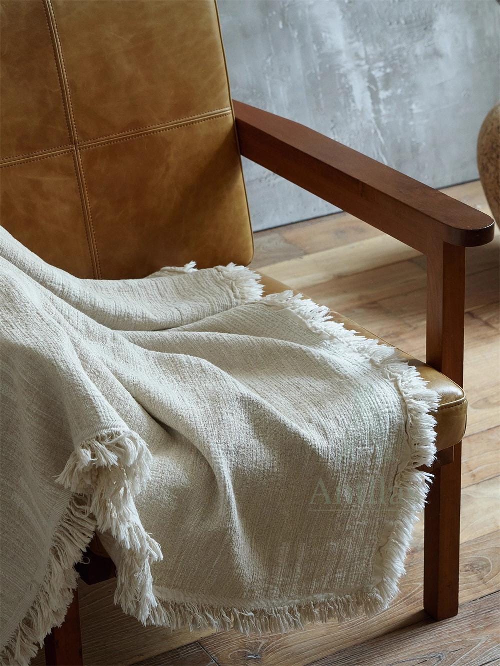 Clean White Oversized Linen Cotton Bedspread: Natural Cream Jacquard Woven Throw (96x98")