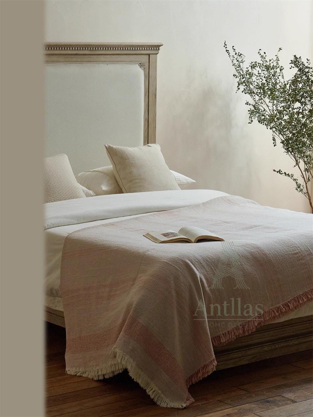 Dusty Pink Jacquard Woven Throw: Linen Cotton Woven Frayed Blanket (245x250cm)