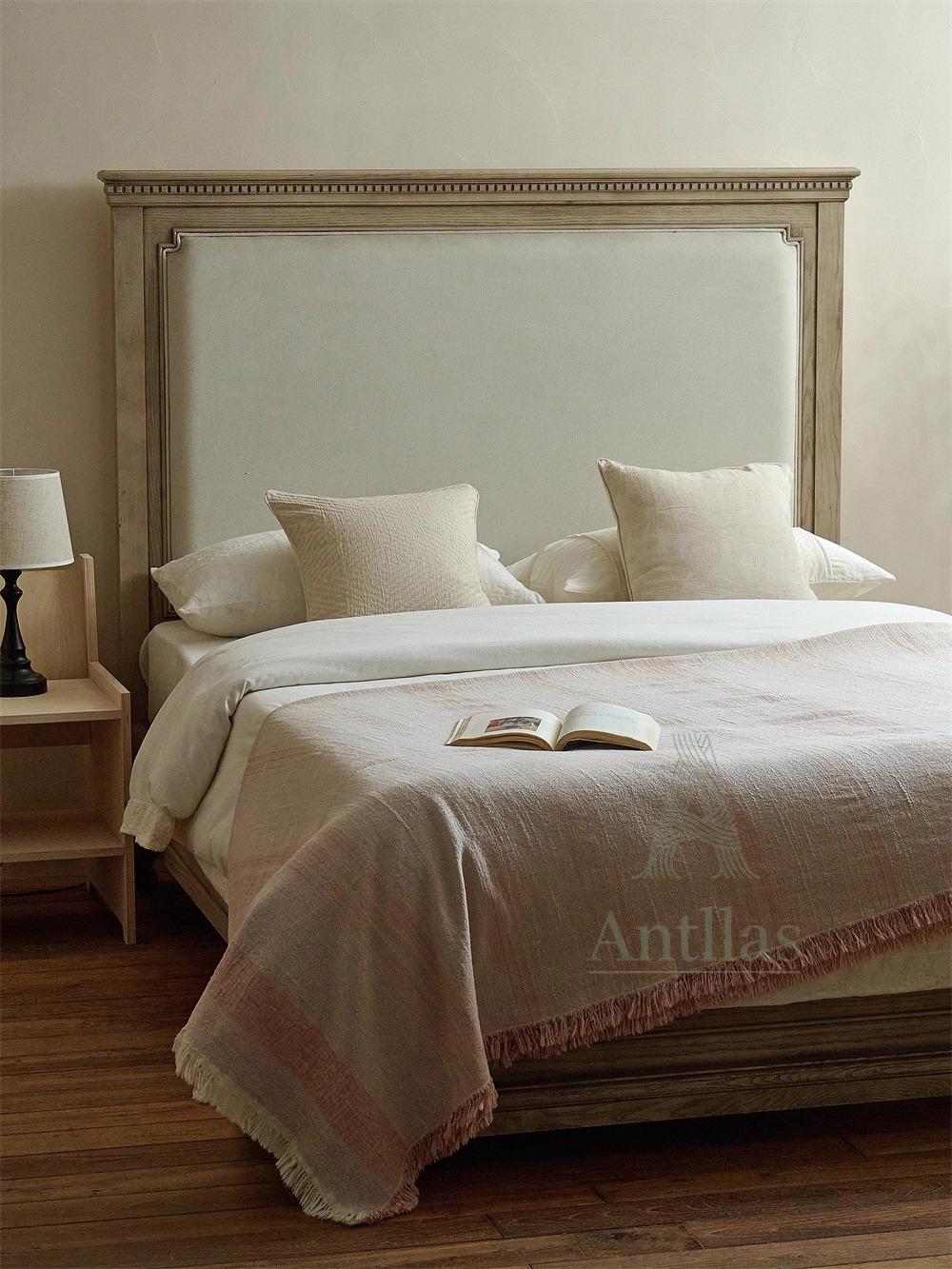 Dusty Pink Jacquard Woven Throw: Linen Cotton Woven Frayed Blanket (245x250cm)
