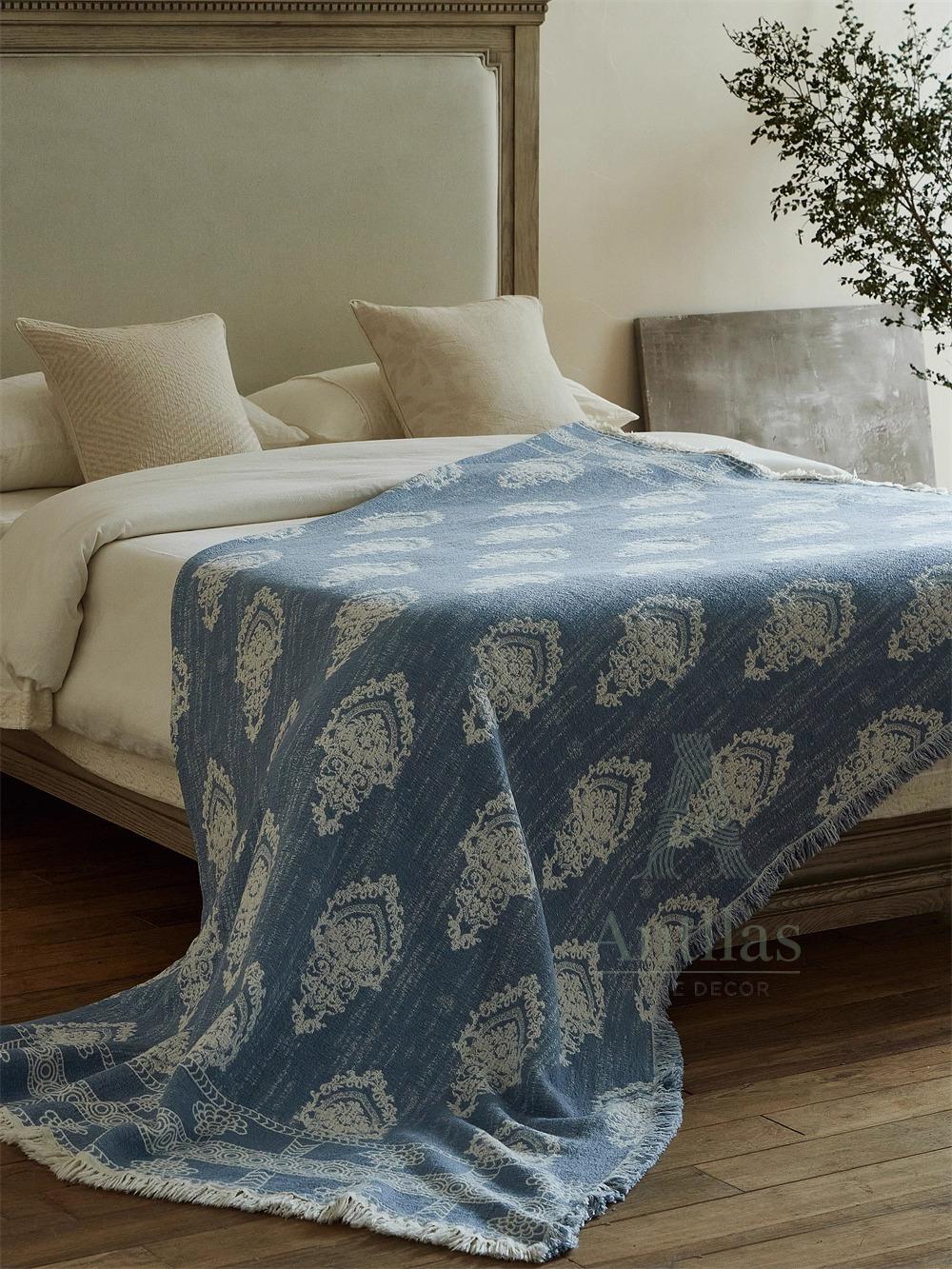 Blue and White Jacquard Woven Blanket - 245x250cm (96"x98") Cotton Linen Bedspread