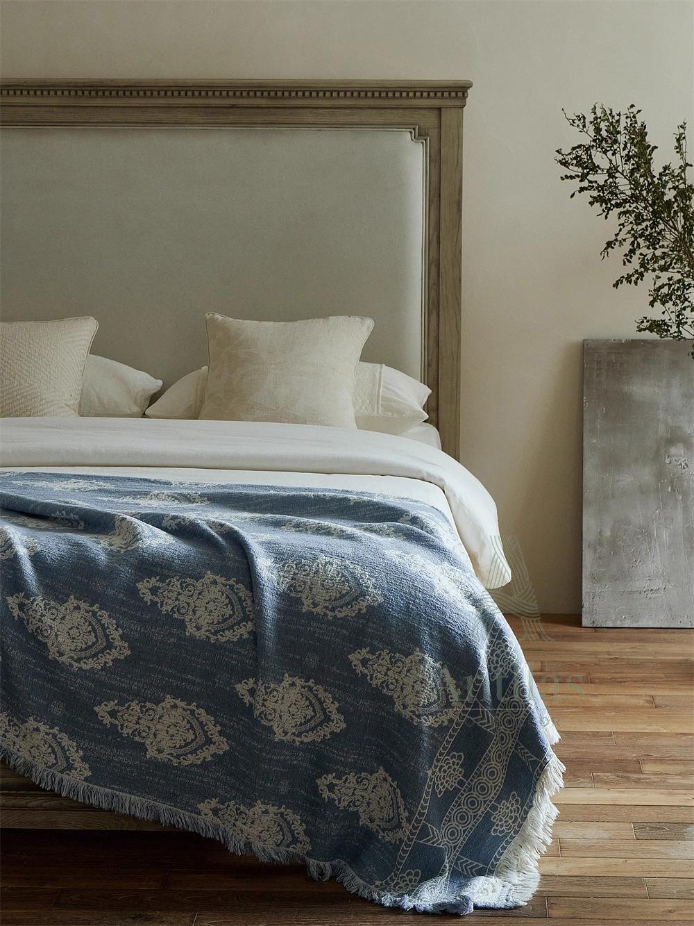 Blue and White Jacquard Woven Blanket - 245x250cm (96"x98") Cotton Linen Bedspread