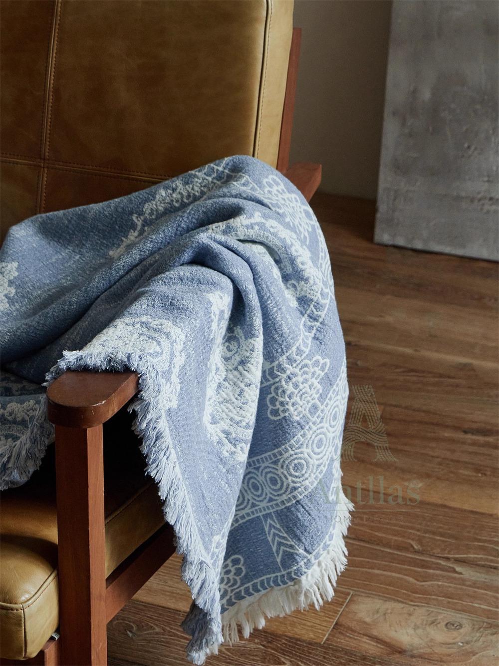 Blue and White Jacquard Woven Blanket - 245x250cm (96"x98") Cotton Linen Bedspread