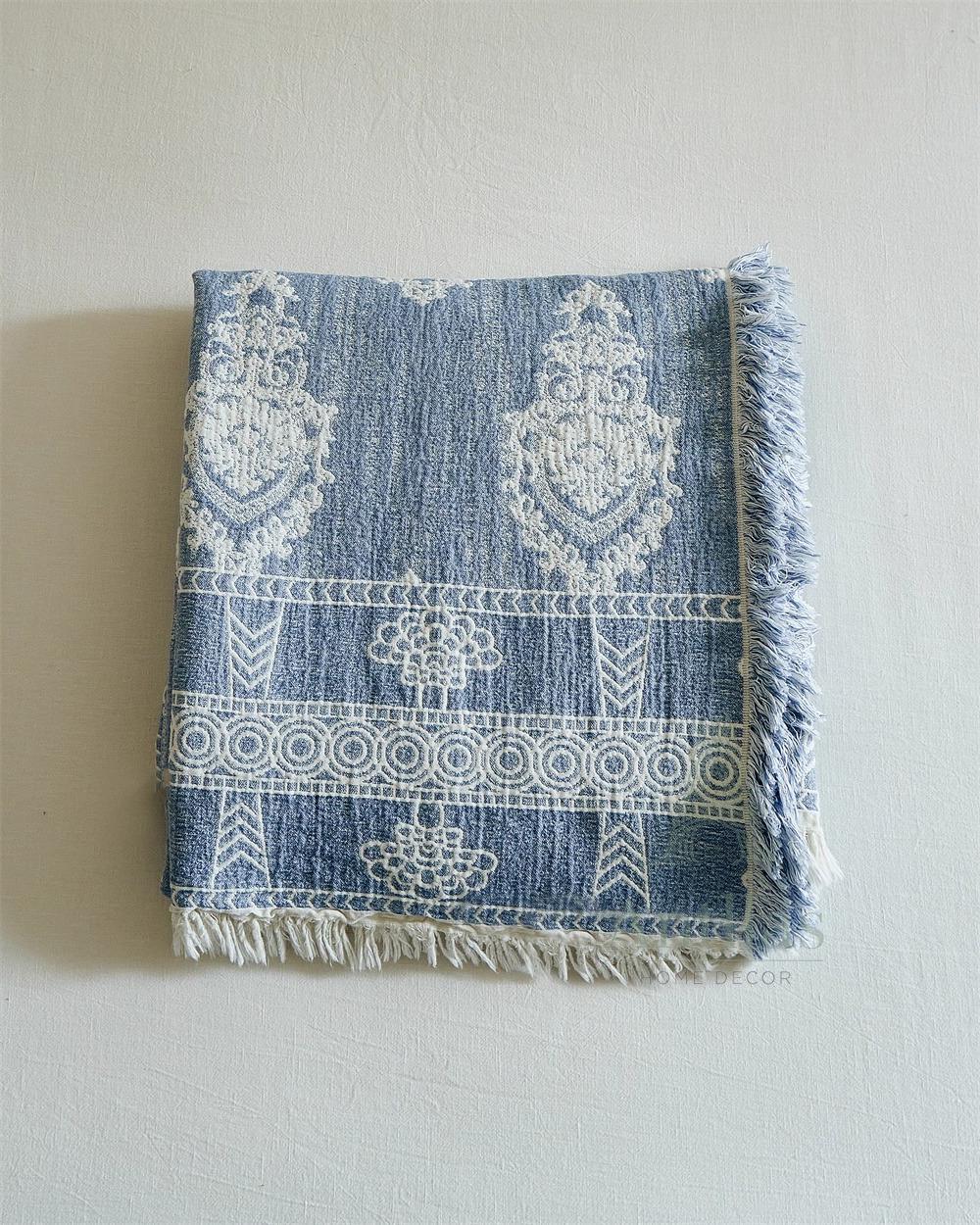 Blue and White Jacquard Woven Blanket - 245x250cm (96"x98") Cotton Linen Bedspread