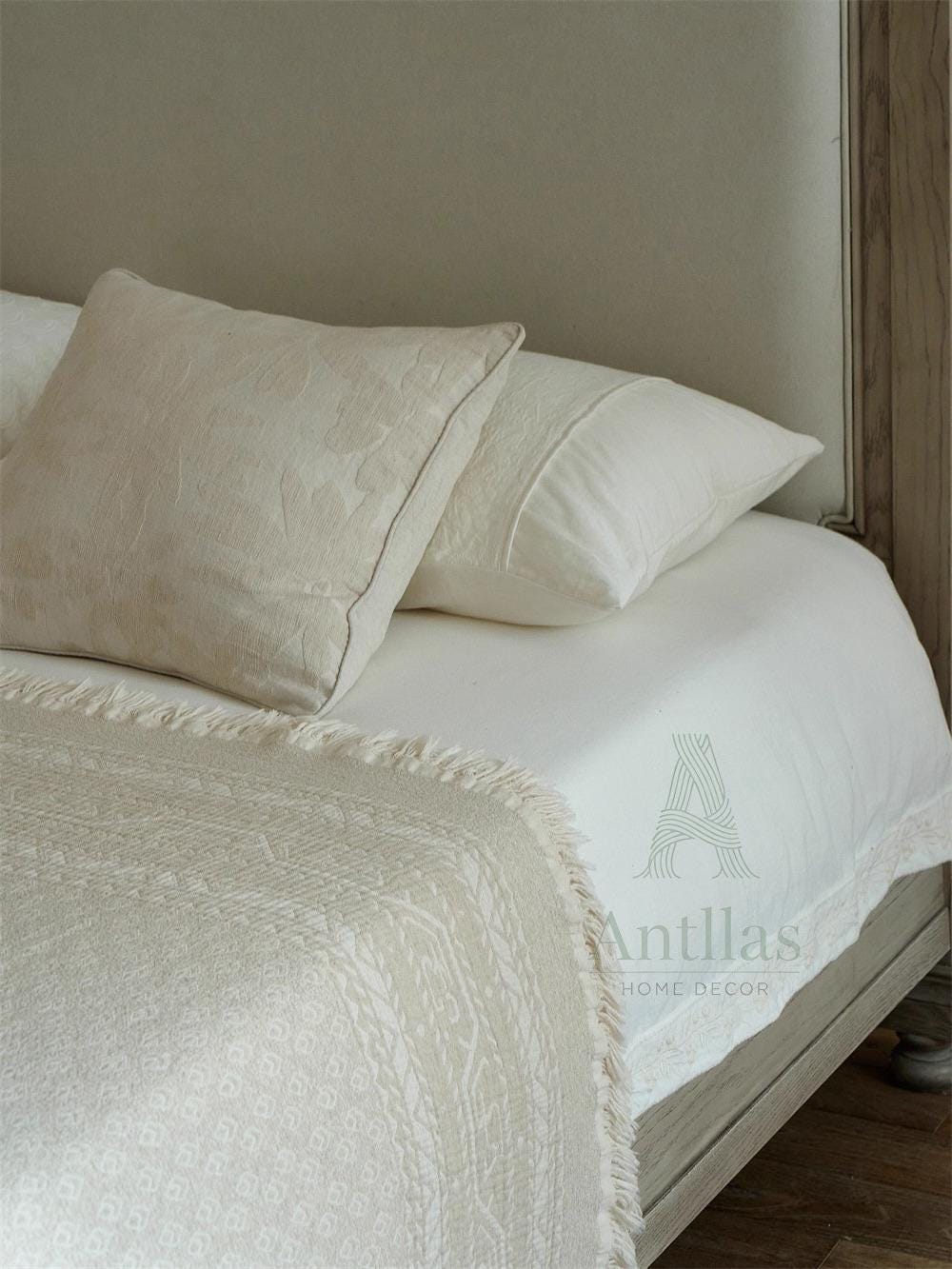 White Jacquard Cotton Linen Blanket – Bohemian Fringe Throw, 96"x98"