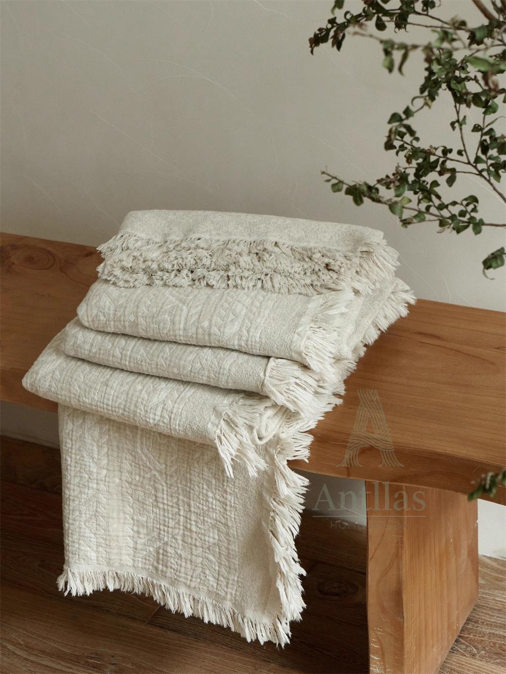 White Jacquard Cotton Linen Blanket – Bohemian Fringe Throw, 96"x98"