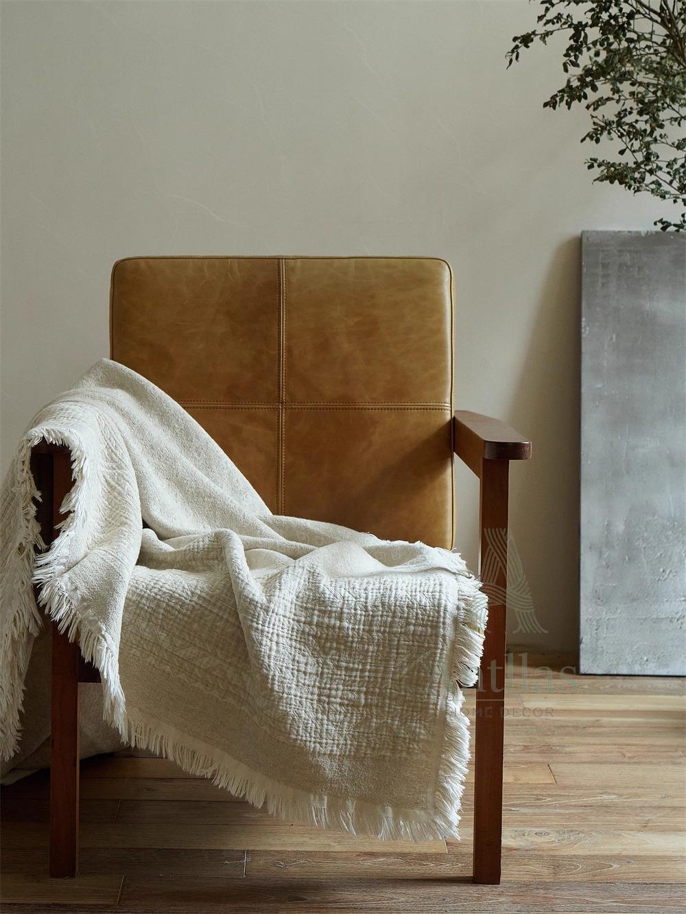 White Jacquard Cotton Linen Blanket – Bohemian Fringe Throw, 96"x98"