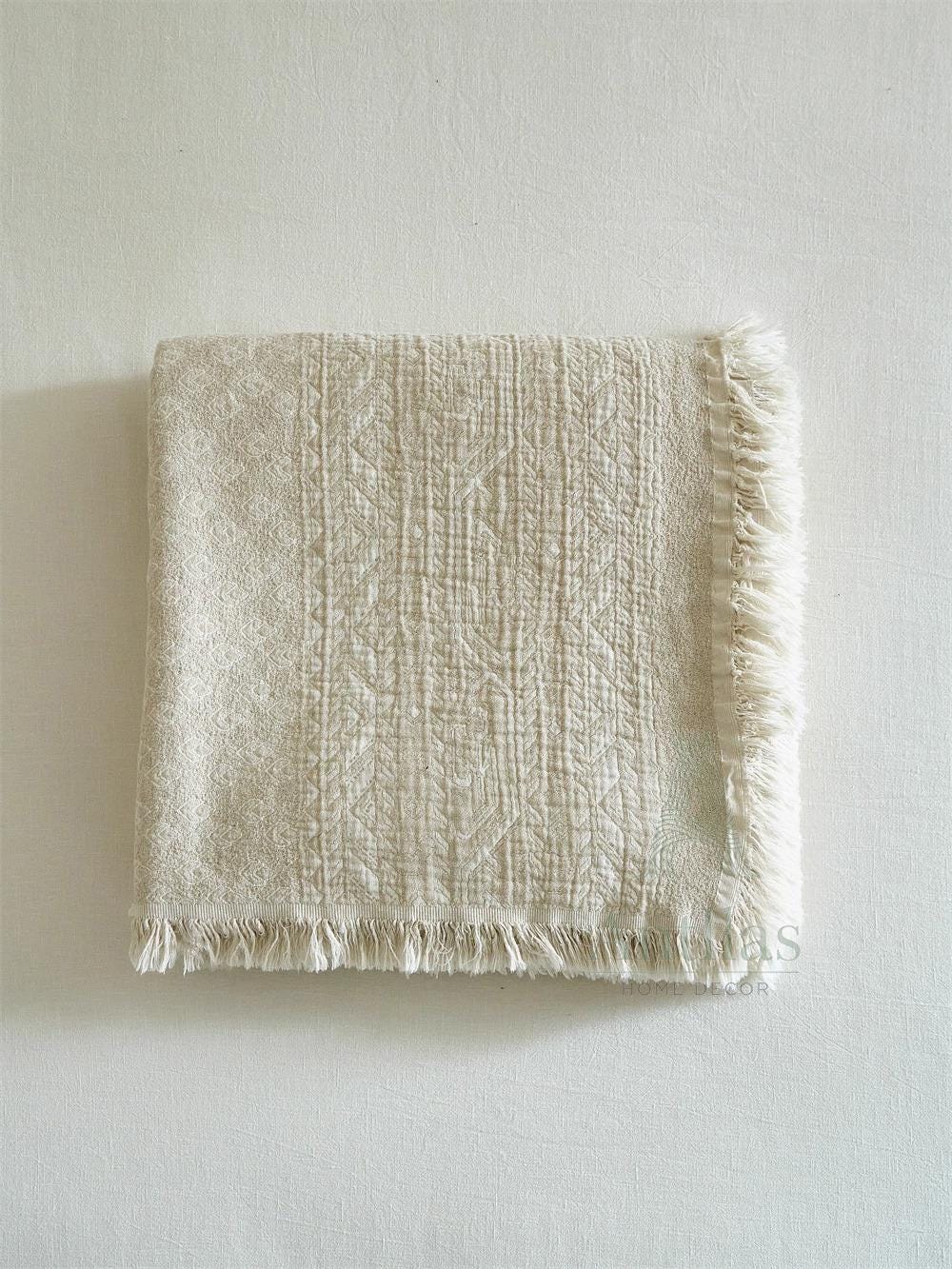 White Jacquard Cotton Linen Blanket – Bohemian Fringe Throw, 96"x98"