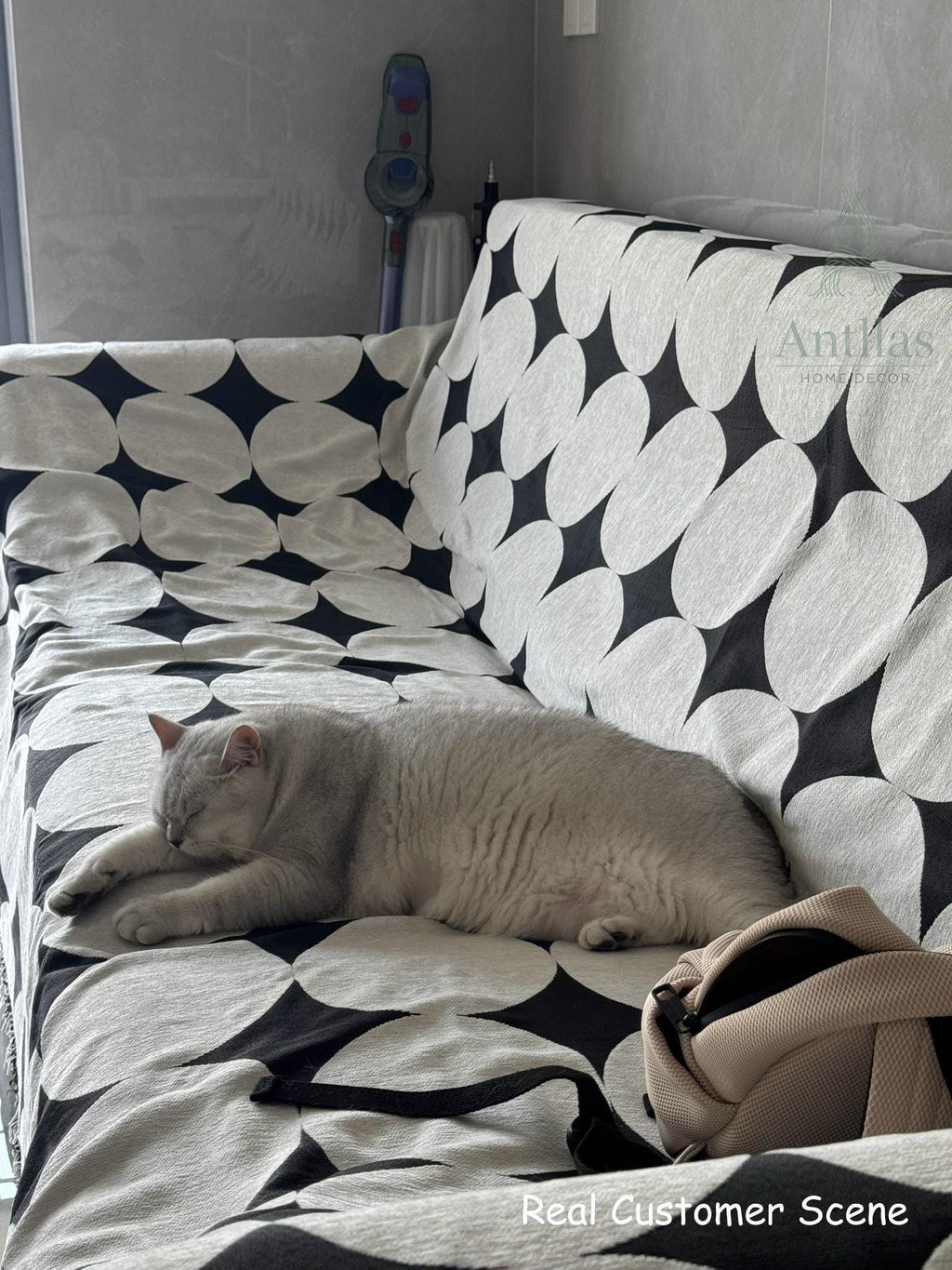Mid-Century Geometric Sofacover, Retro Chunky Chenille Polka Dot Sofa Throw