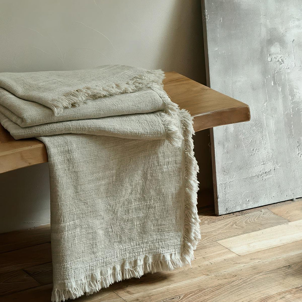 Clean White Oversized Linen Cotton Bedspread: Natural Cream Jacquard Woven Throw (96x98")