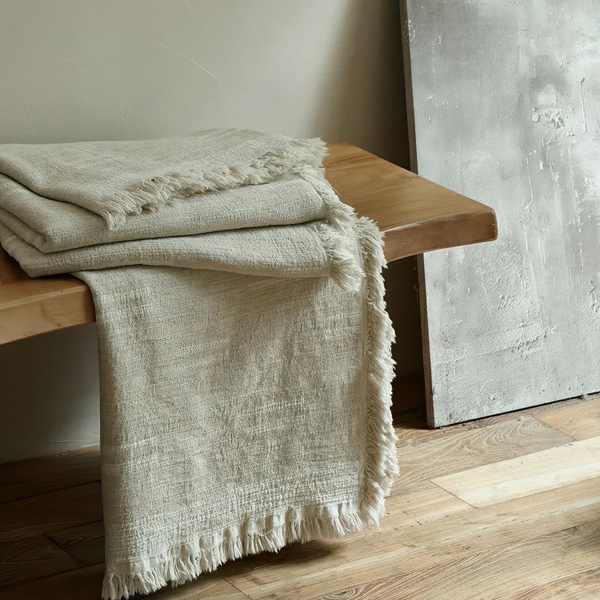 Clean White Oversized Linen Cotton Bedspread: Natural Cream Jacquard Woven Throw (96x98")