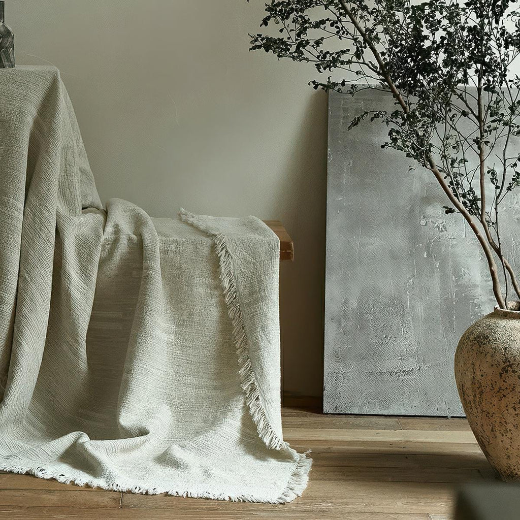 Clean White Oversized Linen Cotton Bedspread: Natural Cream Jacquard Woven Throw (96x98")