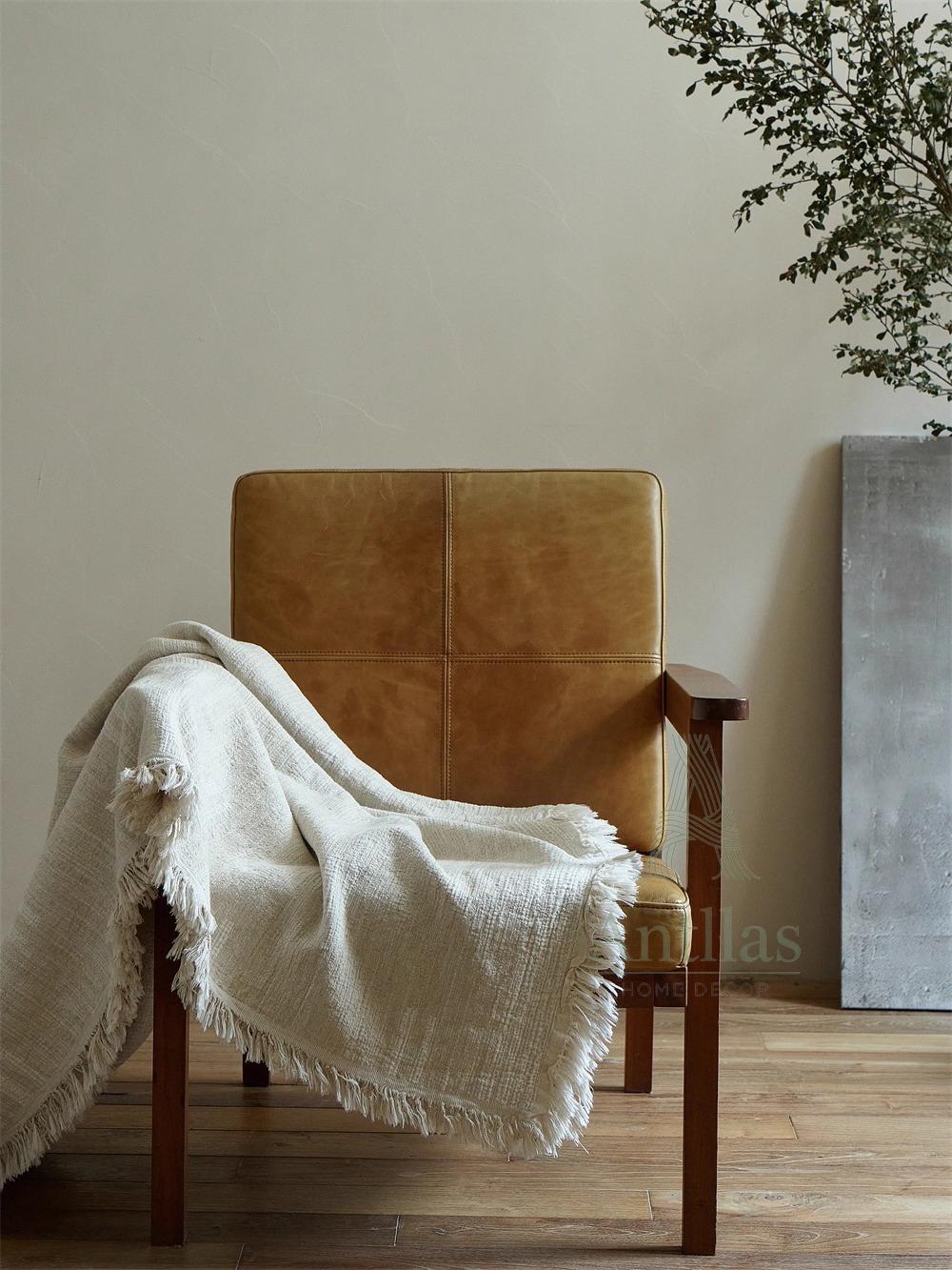 Clean White Oversized Linen Cotton Bedspread: Natural Cream Jacquard Woven Throw (96x98")