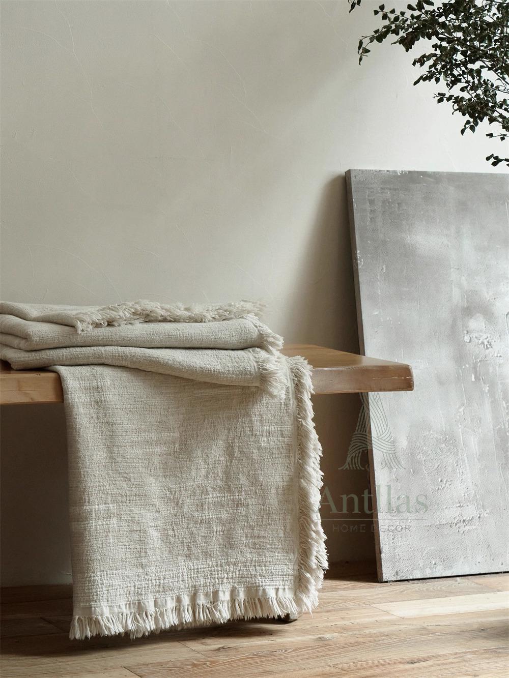 Clean White Oversized Linen Cotton Bedspread: Natural Cream Jacquard Woven Throw (96x98")