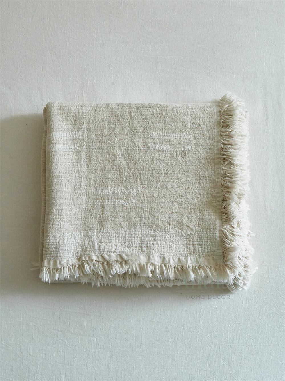 Clean White Oversized Linen Cotton Bedspread: Natural Cream Jacquard Woven Throw (96x98")