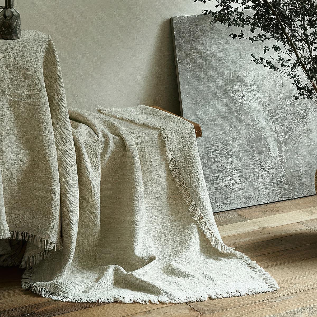 Clean White Oversized Linen Cotton Bedspread: Natural Cream Jacquard Woven Throw (96x98")