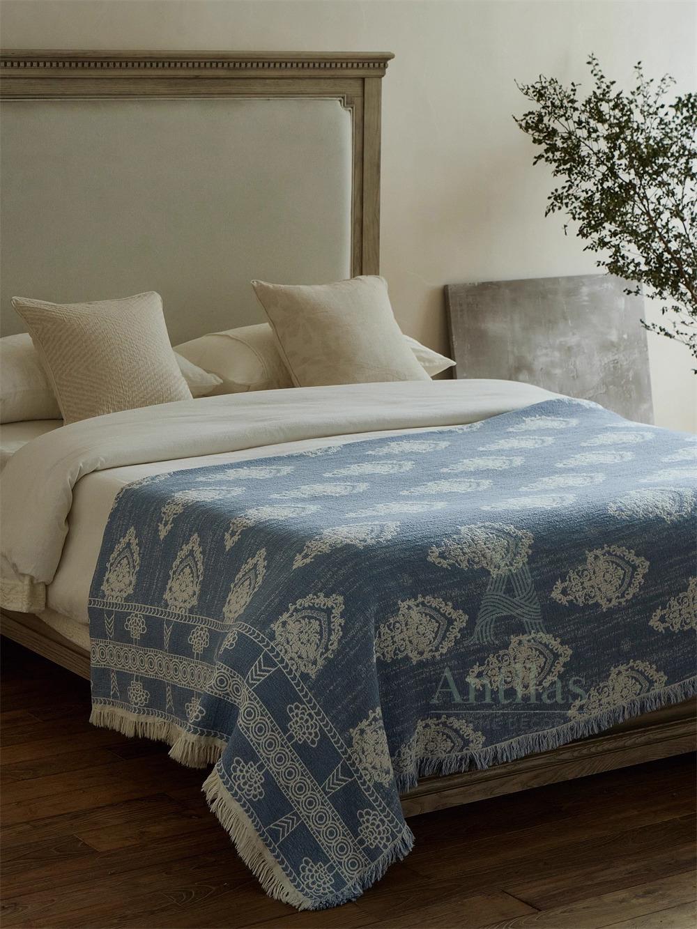 Blue and White Jacquard Woven Blanket - 245x250cm (96"x98") Cotton Linen Bedspread