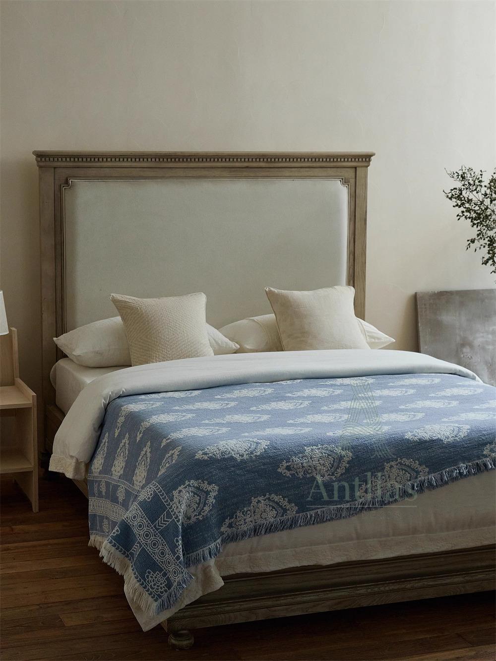 Blue and White Jacquard Woven Blanket - 245x250cm (96"x98") Cotton Linen Bedspread