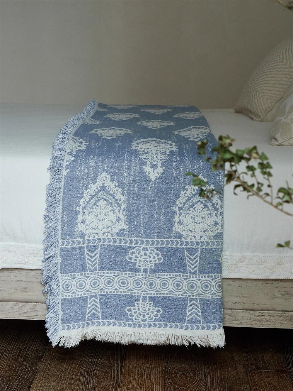 Blue and White Jacquard Woven Blanket - 245x250cm (96"x98") Cotton Linen Bedspread