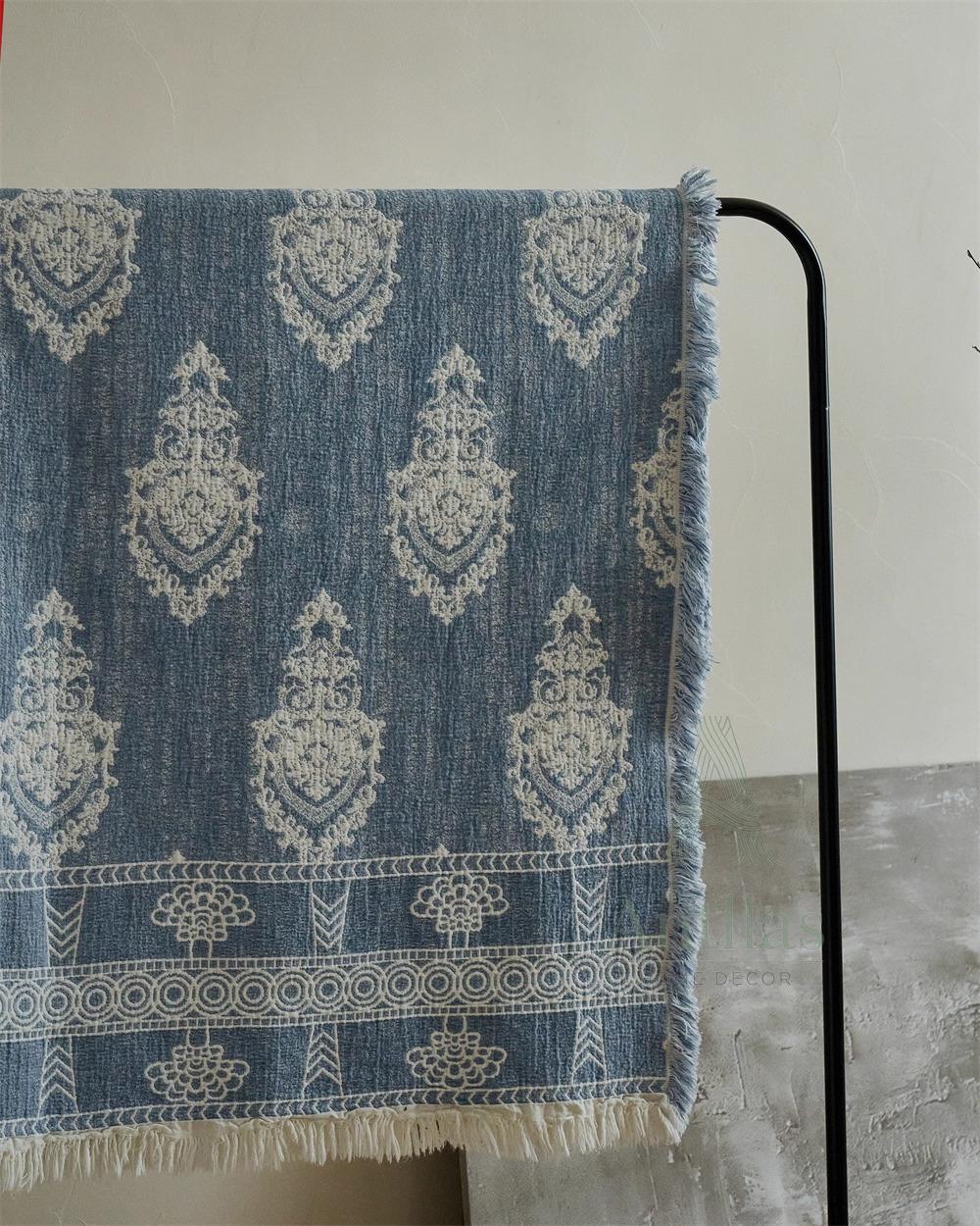 Blue and White Jacquard Woven Blanket - 245x250cm (96"x98") Cotton Linen Bedspread