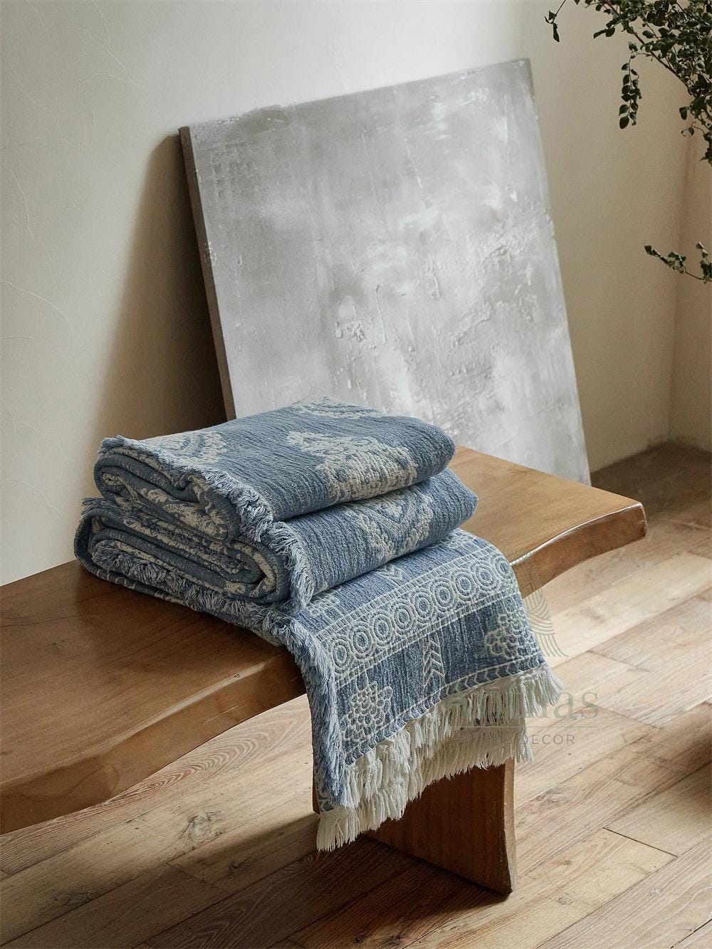Blue and White Jacquard Woven Blanket - 245x250cm (96"x98") Cotton Linen Bedspread