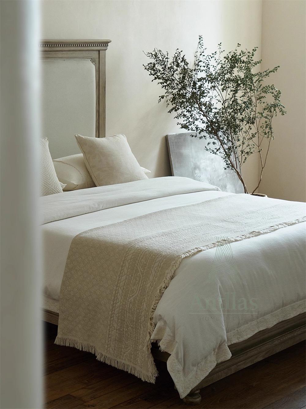 White Jacquard Cotton Linen Blanket – Bohemian Fringe Throw, 96"x98"