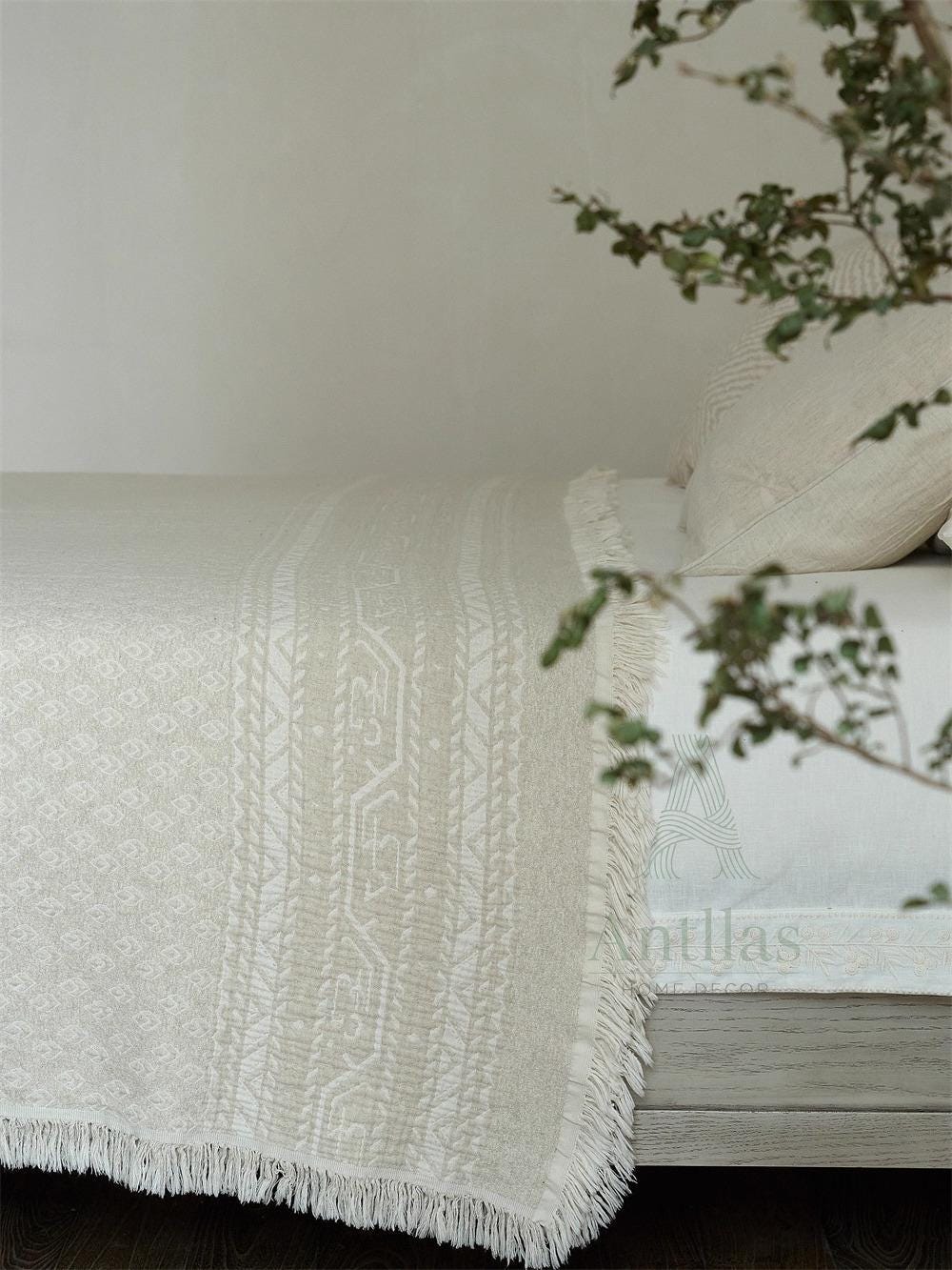 White Jacquard Cotton Linen Blanket – Bohemian Fringe Throw, 96"x98"