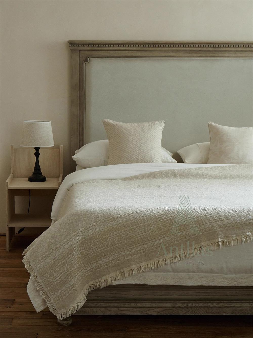 White Jacquard Cotton Linen Blanket – Bohemian Fringe Throw, 96"x98"