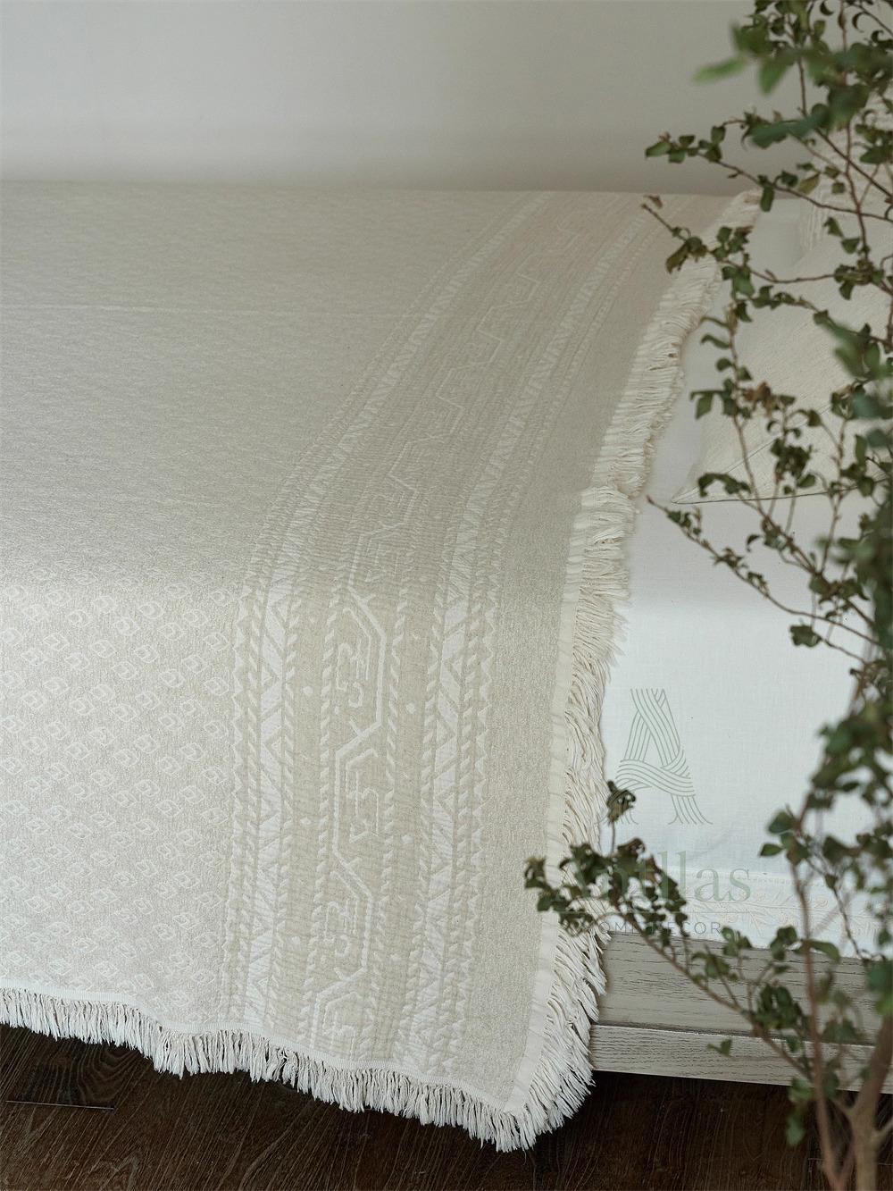 White Jacquard Cotton Linen Blanket – Bohemian Fringe Throw, 96"x98"