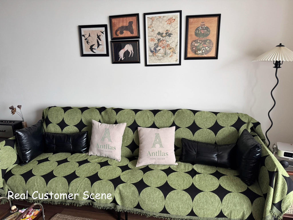 Mid-Century Geometric Sofacover, Retro Chunky Chenille Polka Dot Sofa Throw