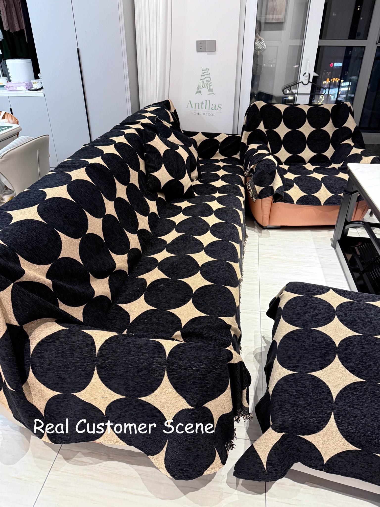 Mid-Century Geometric Sofacover, Retro Chunky Chenille Polka Dot Sofa Throw