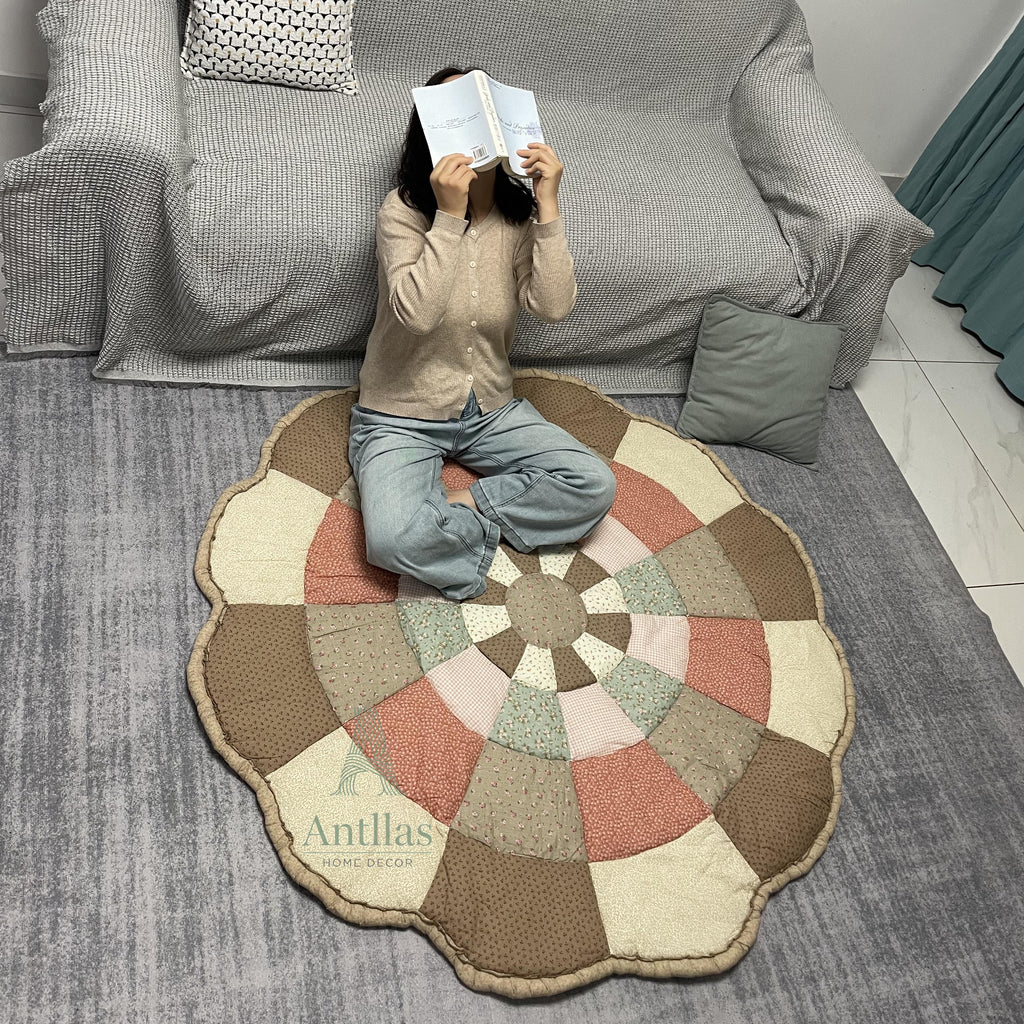 Handmade Cotton Patchwork Play Mat: Floral Nursery Rug (150x150cm)