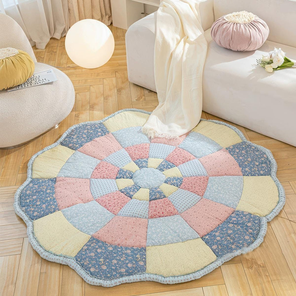 Large Round Patchwork Floor Cushion, Quilted Cotton Play Mat, 59"