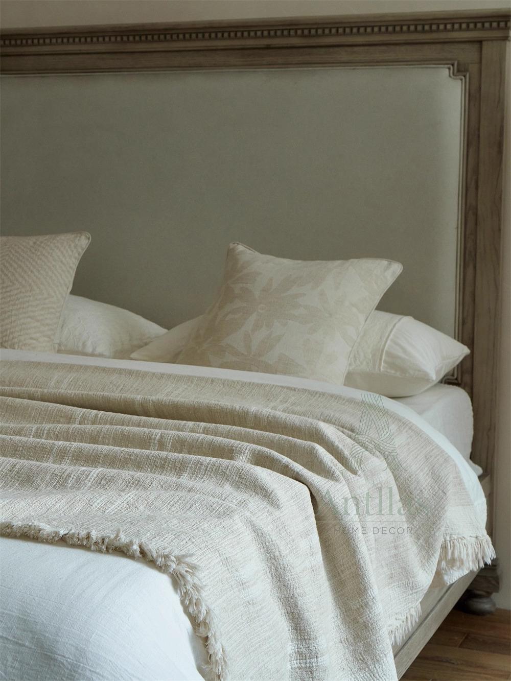 Clean White Oversized Linen Cotton Bedspread: Natural Cream Jacquard Woven Throw (96x98")