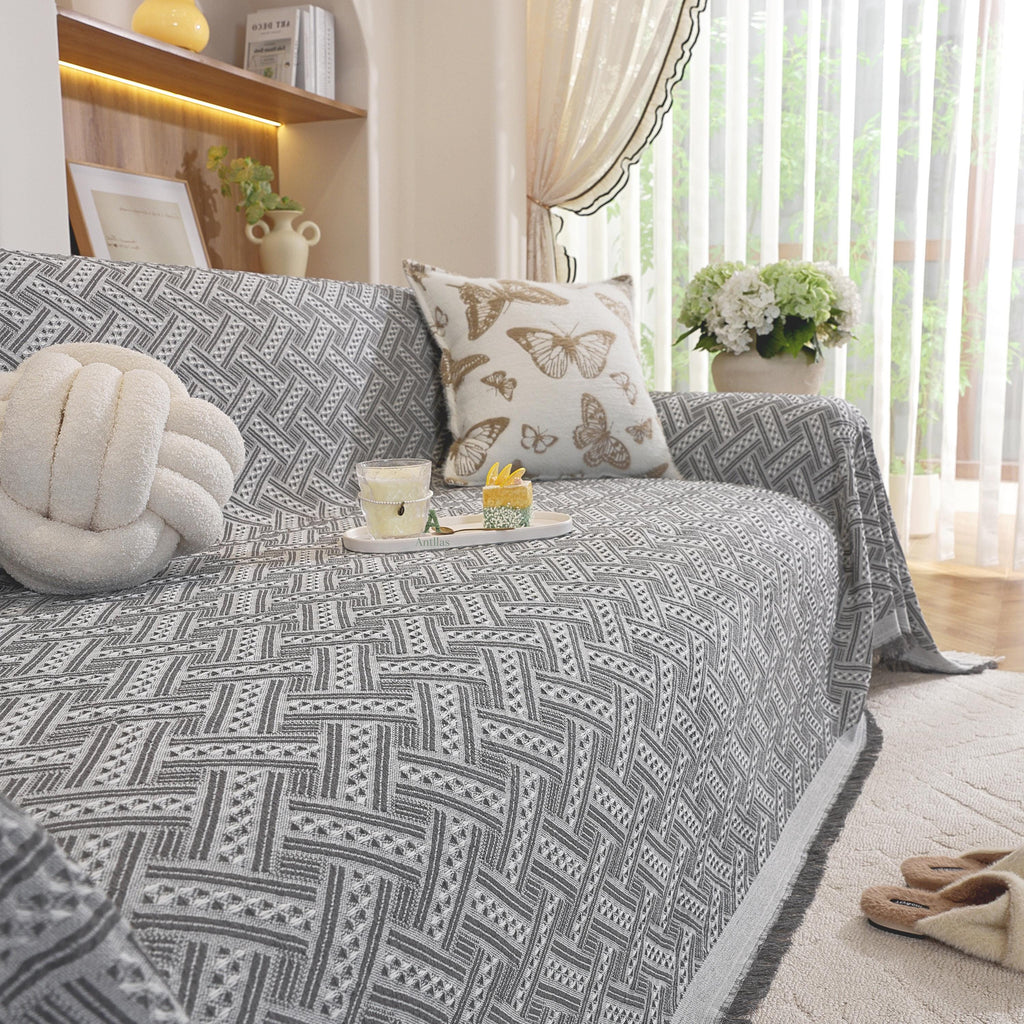 Geometric Cotton Sofa Cover, Woven Sectional Throw, Washable Slipcover, Pet Friendly Protector